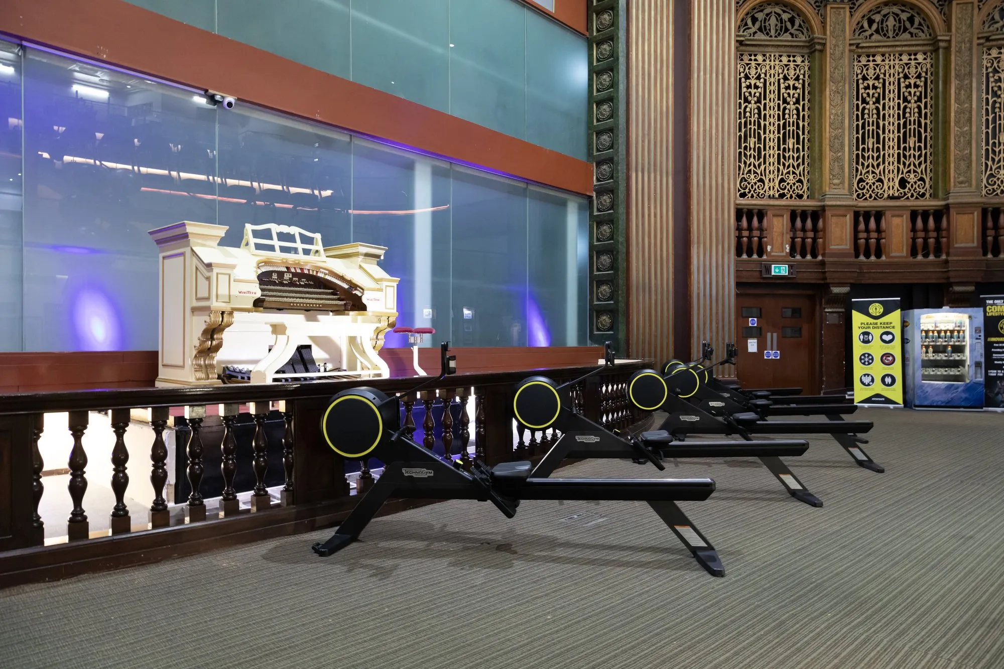 The Granada cinema's Wurlitzer organ, behind glass at Gold's Gym Harrow